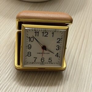 Westclox Folding Portable Travel Alarm Clock Brown Works Luminous Hands Vintage